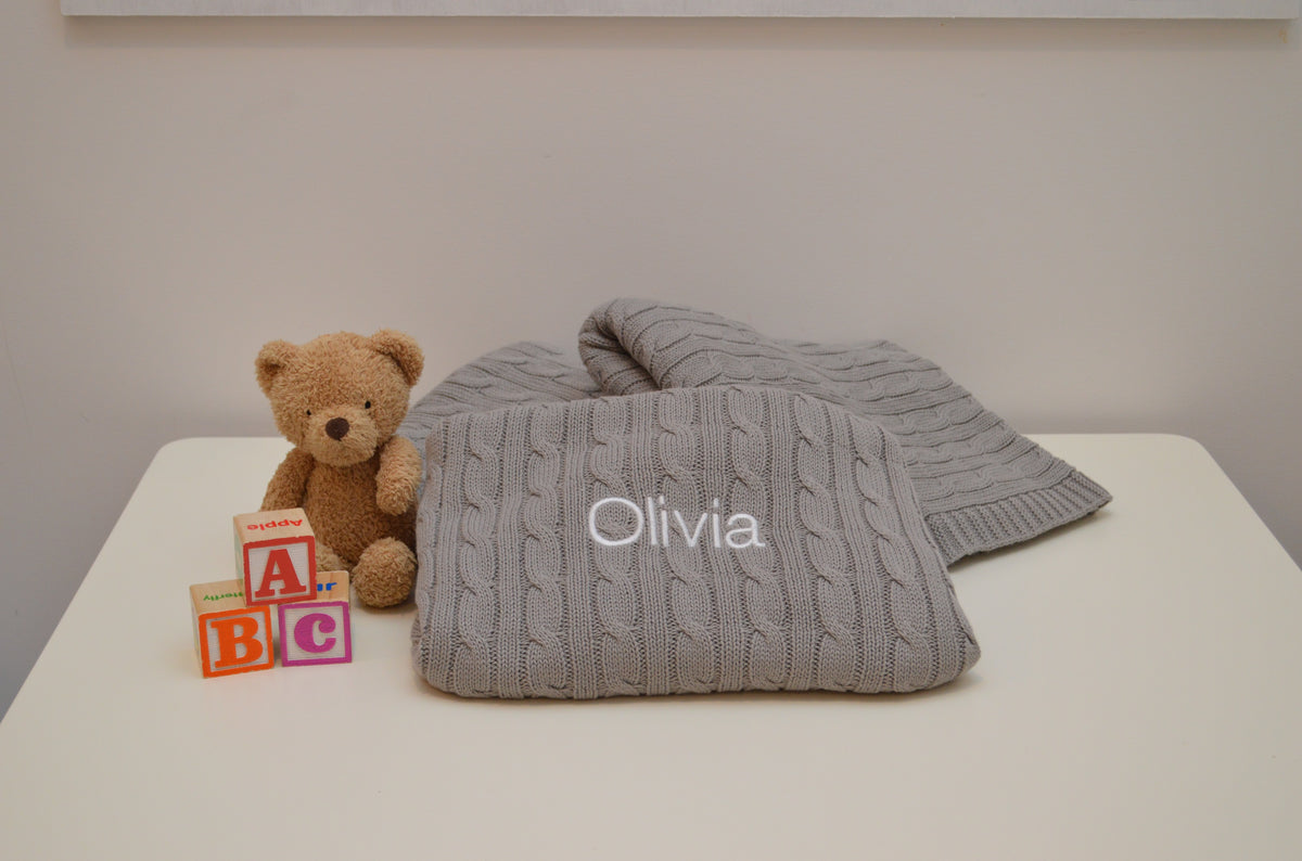 Personalised Cotton Cable Knit Baby Blanket A Little Gift NZ